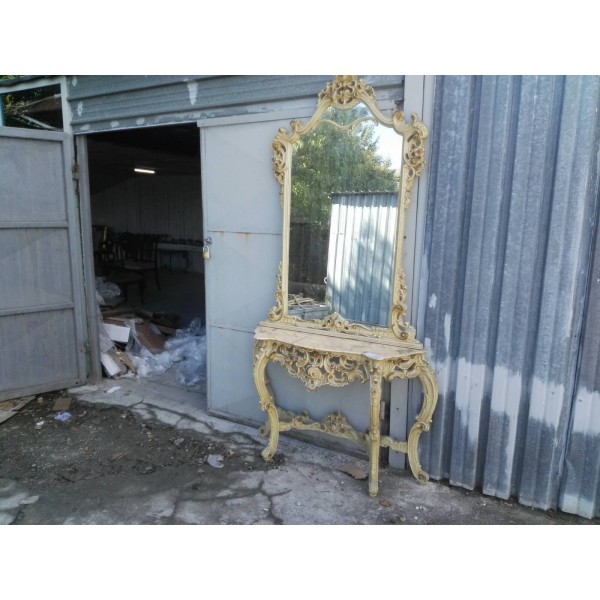 Находка, голяма венецианска конзола силик с огледало, страхотен обработен, цветен мрамор - 5267