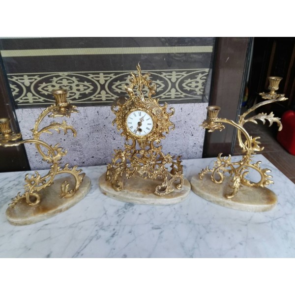 Комплект каминен механичен часовник с мраморни основи и свещници - 3145