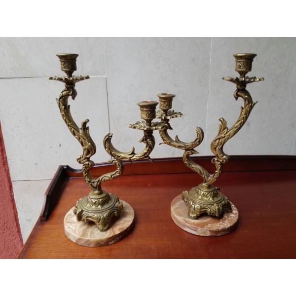 Свещници месинг от Испания, кафяв мрамор, без забележки - 2943