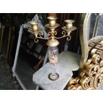 Уникален малък свещник, тройка, от месинг и рисувано стъкло - 1409